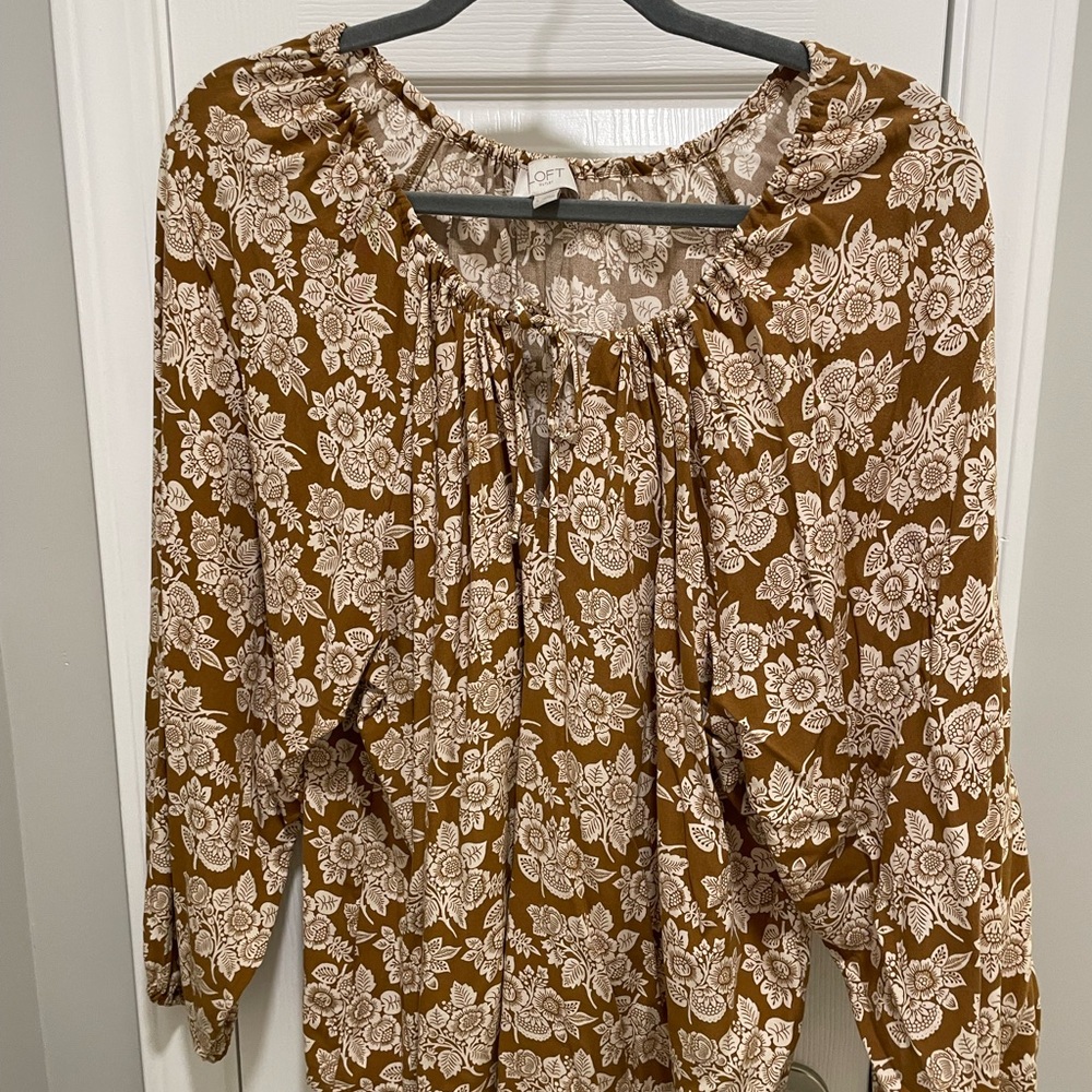 LOFT Cream and Brown Relaxed Tie Front Blouse